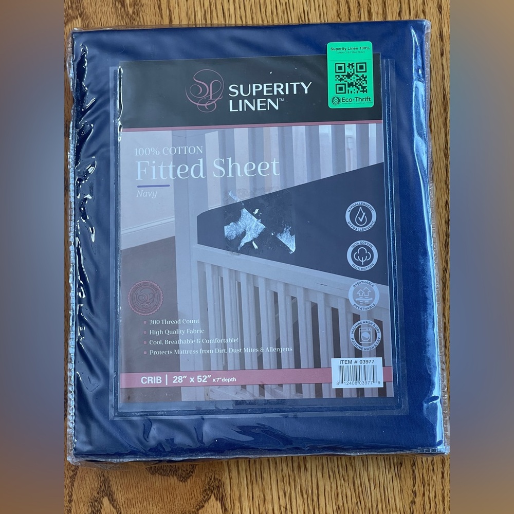 NWT Superity Linen Crib Sheet Blue 100% Cotton Fitted 28”X 52”X 7” depth 200 ct